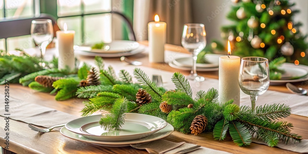 Minimalist Christmas Table Decor: Pine Leaves & Simple Elegance - Festive Holiday Table Setting Minimalist Christmas Table Decor: Pine Leaves & Simple Elegance - Festive Holiday Table Setting