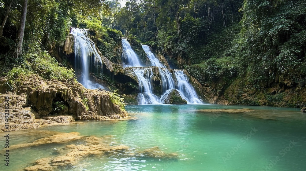 Naklejka premium Majestic Waterfall Cascading Through Lush Jungle Canopy, Serene Nature Landscape Scene.