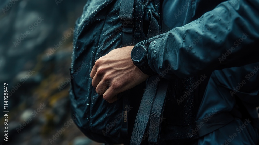 Close-up of a Man's Hand Adjusting a Backpack Strap, Wearing a Smartwatch in the Rain - Outdoor Adventure and Technology Concept. Close-up of a Man's Hand Adjusting a Backpack Strap, Wearing a Smartwatch in the Rain - Outdoor Adventure and Technology Concept.