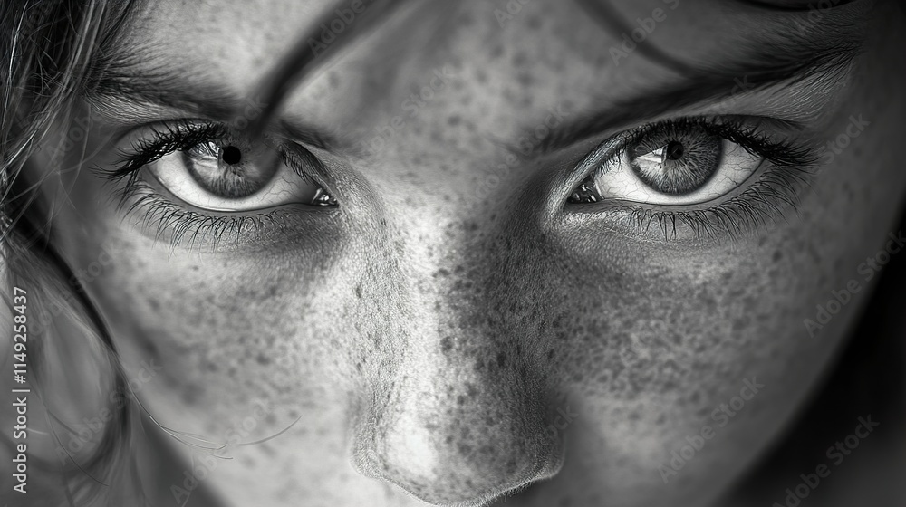 Fototapeta premium Intense Gaze: Close-up Black and White Portrait of a Young Woman