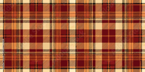 A vibrant red and orange plaid pattern with cream accents, perfect for textiles and home decor.