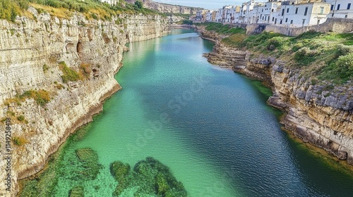 Scenic River Flowing Through Quaint Town of Rono, Spain, Reflecting Clear Blue Sky on Sunny Day photo