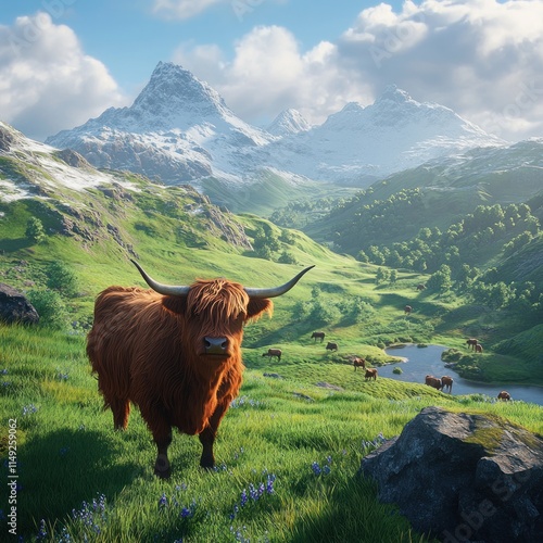 Highland cow in lush green valley with snow-capped mountains. photo