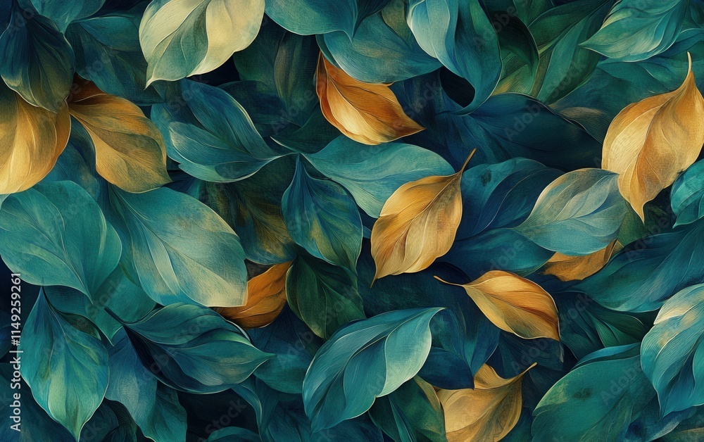 Lush Teal and Gold Leaves Abstract Botanical Art Print, Nature Texture Background Lush Teal and Gold Leaves Abstract Botanical Art Print, Nature Texture Background