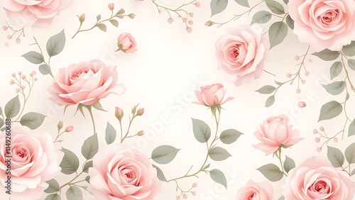 Wallpaper Mural Romantic roses pattern in soft pinks and greens, creating a gentle and elegant floral design. Perfect for wedding themes, fashion, home decor, and romantic aesthetics. Torontodigital.ca
