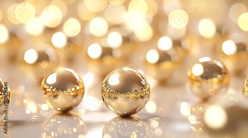 Shiny golden spheres reflecting light, bokeh background.