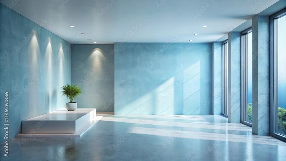 Fototapeta premium Serene Minimalist Interior Design with Sunlit Walls and Floor, featuring a Plant on a White Plinth