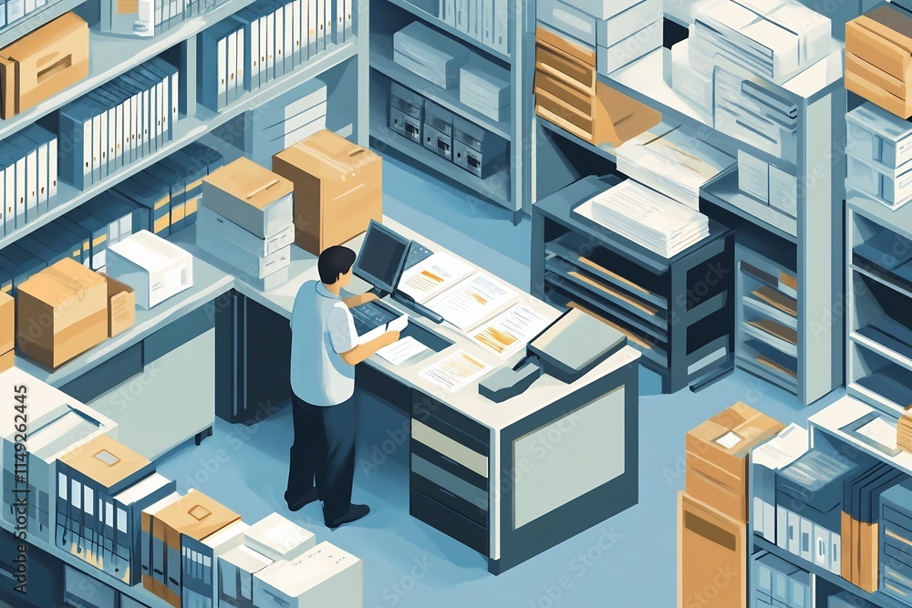 Cartoon Character Digitizing Documents in Neat Office Space Cartoon Character Digitizing Documents in Neat Office Space