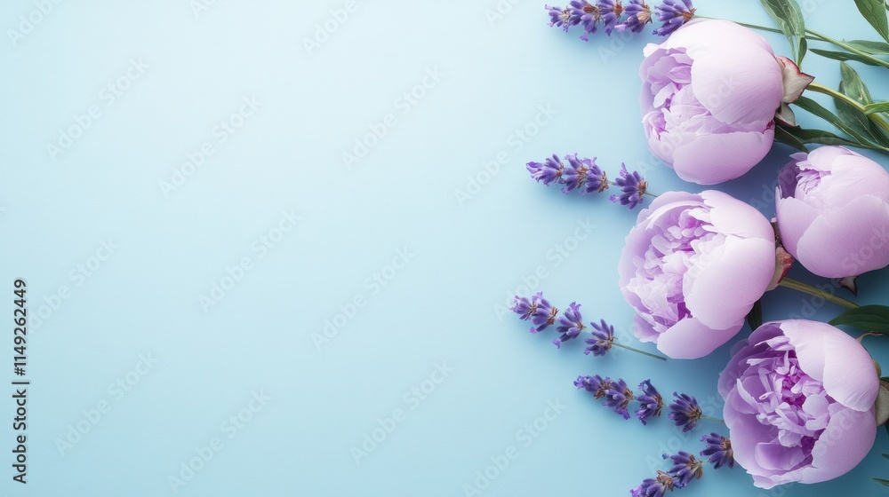 Lavender and pale pink peonies on a light blue background. Lavender and pale pink peonies on a light blue background.