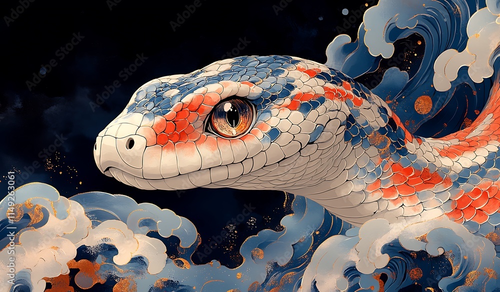 Fototapeta premium Elegant Snake with a Blue and White Pattern.