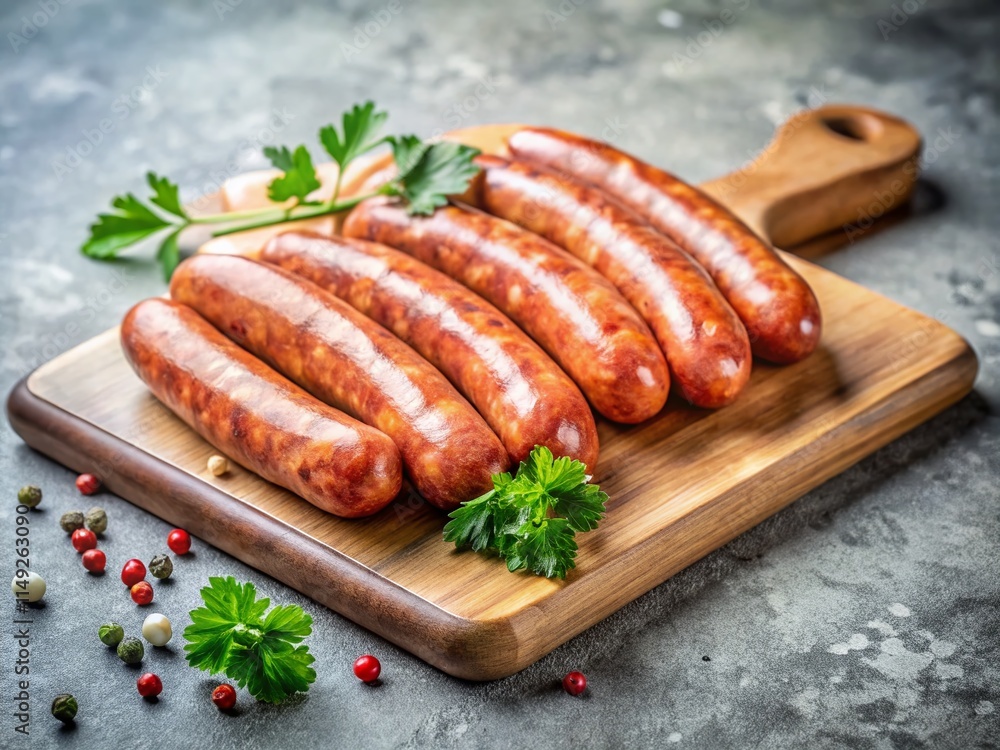 Minimalist Fresh Sausages on Rustic Chopping Board - Stock Photo Minimalist Fresh Sausages on Rustic Chopping Board - Stock Photo