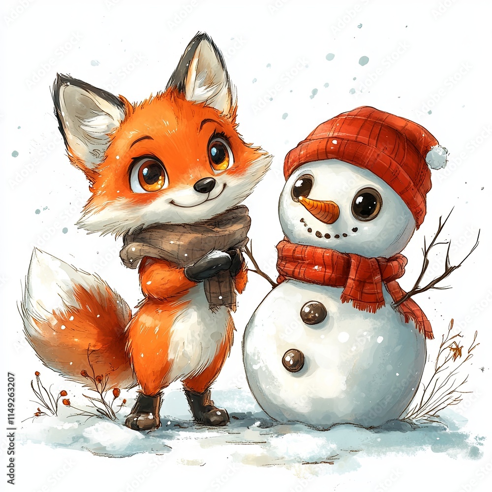 Cheerful Cartoon Fox with Snowman Illustration Cheerful Cartoon Fox with Snowman Illustration