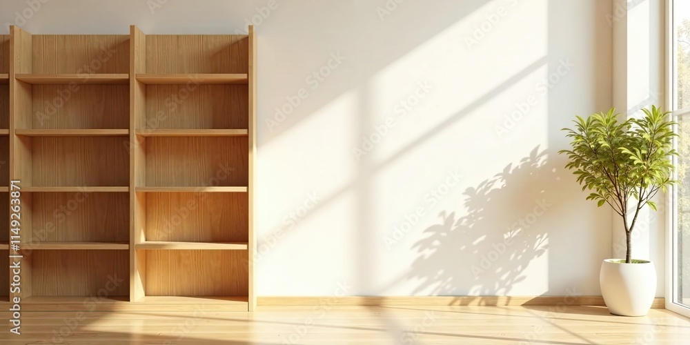 Fototapeta premium Sunlight Illuminates Empty Wooden Bookshelves and Potted Plant in a Minimalist Room