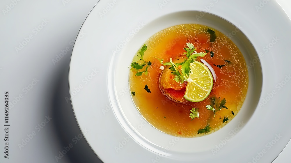 Aromatic Tom Yam Kung soup garnished with lime and herbs served in a white bowl top view Aromatic Tom Yam Kung soup garnished with lime and herbs served in a white bowl top view