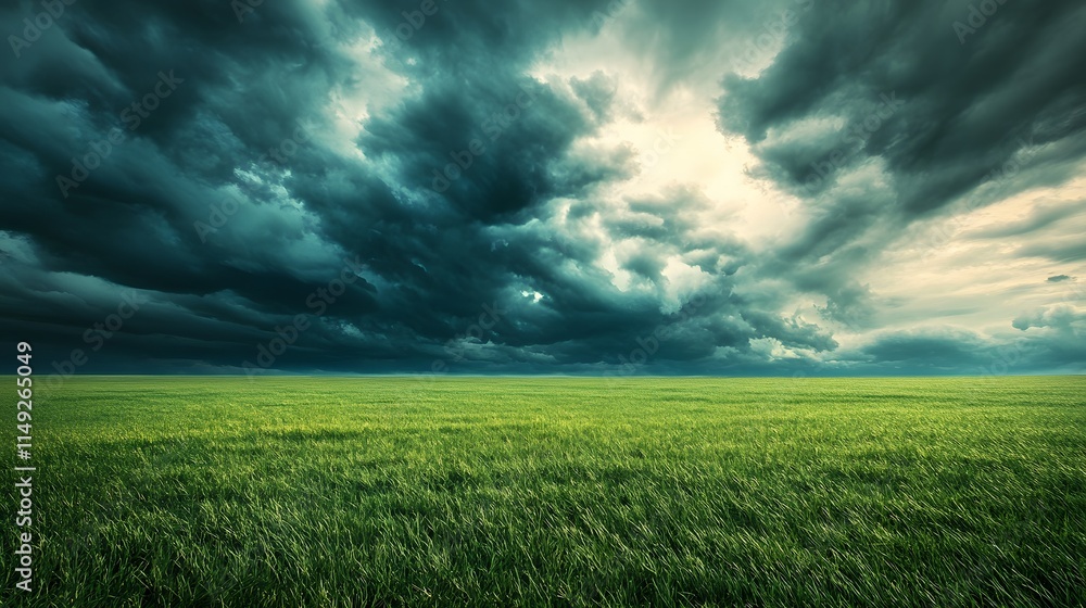 Fototapeta premium Dramatic Sky with Dark Clouds over Lush Green Field Landscape