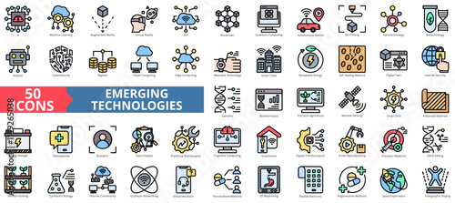 Emerging technologies icon collection set. Containing ai, machine learning, augmented, virtual reality, iot, blockchain, quantum computing, artificial technology icon. Simple flat outline vector