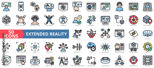 Extended reality icon collection set. Containing vr, ar, mixed reality, immersion, simulation, haptic feedback, spatial computing icon. Simple flat outline vector illustration