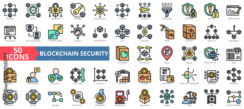 Blockchain security icon collection set. Containing cryptography, immutable, decentralization, consensus, encryption, and hash function icon. Simple flat outline vector illustration