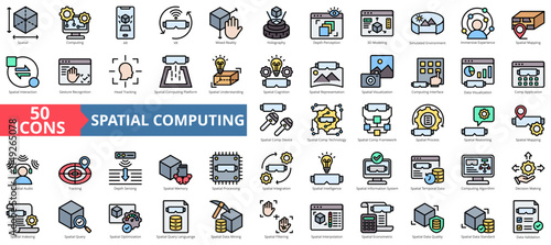 Spatial computing icon collection set. Containing computing, ar, vr, mixed reality, holography, depth perception, 3d modeling icon. Simple flat outline vector illustration