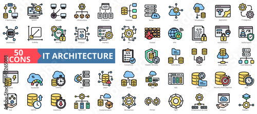 IT architecture icon collection set. Containing system, network, infrastructure, framework, database, server, cloud, virtualization, icon. Simple flat outline vector illustration