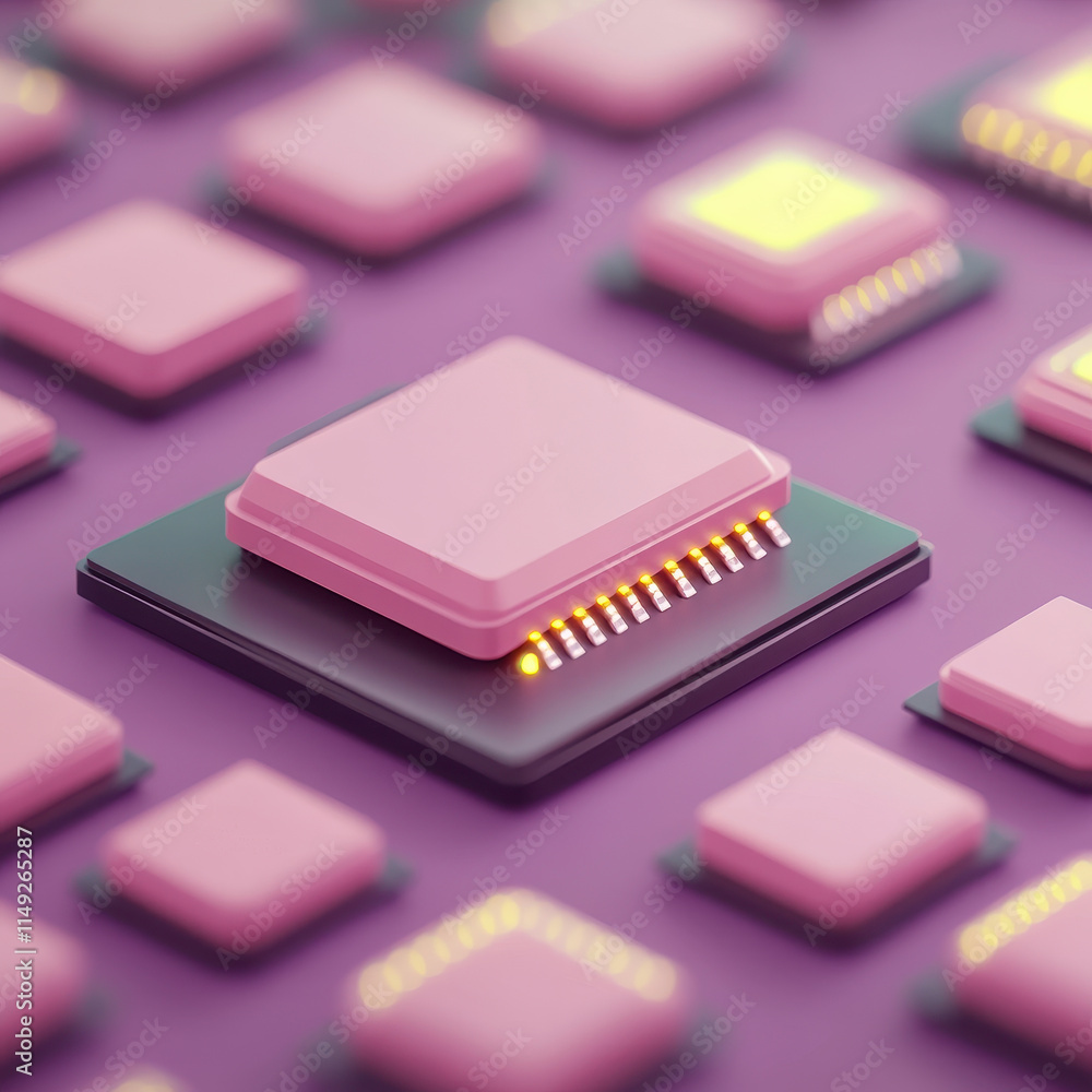 Modern pink microchips on purple background, glowing softly in rows Modern pink microchips on purple background, glowing softly in rows