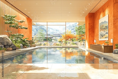 Wallpaper Mural Serene Indoor Pool with Mountain View in a Modern Asian-Inspired Spa. Torontodigital.ca