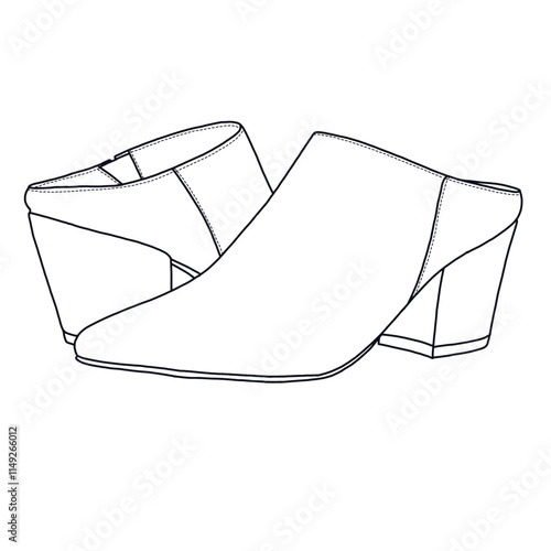 Women's Pointed Toe Block-Heeled Mule shoes Line art, Technical sketch hand drawing outline vector doodle side and rear view isolated on white background for coloring page