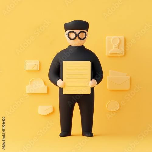 character holding documents in yellow themed office setting photo