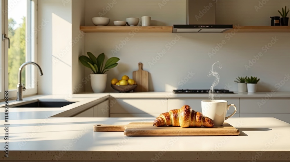 Warm Morning Light Illuminates a Kitchen Countertop with a Steaming Cup of Coffee and a Freshly Baked Croissant