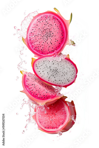 Floating exotic dragon fruit halves with vibrant pink rind and glossy white flesh. Premium detailed look on transparent PNG background photo