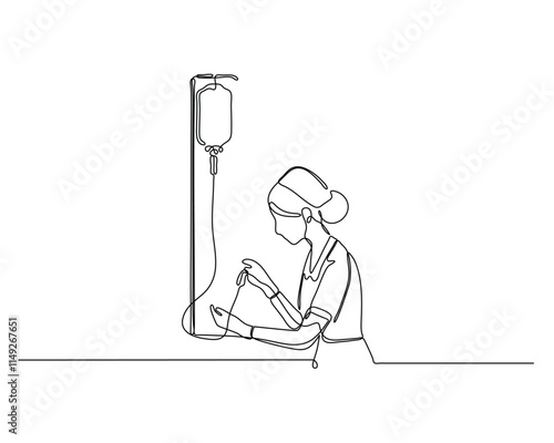 A healthcare professional adjusting an intravenous drip Highlights a common medical procedure, emphasizing the importance of patient care. continuous line drawing illustration