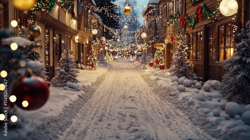 Fototapeta premium 3D snow-covered village streets with festive holiday lights.