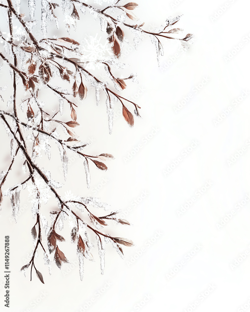 Fototapeta premium A delicate branch with brown leaves draped in icicles against a soft white background, capturing winter's beauty.