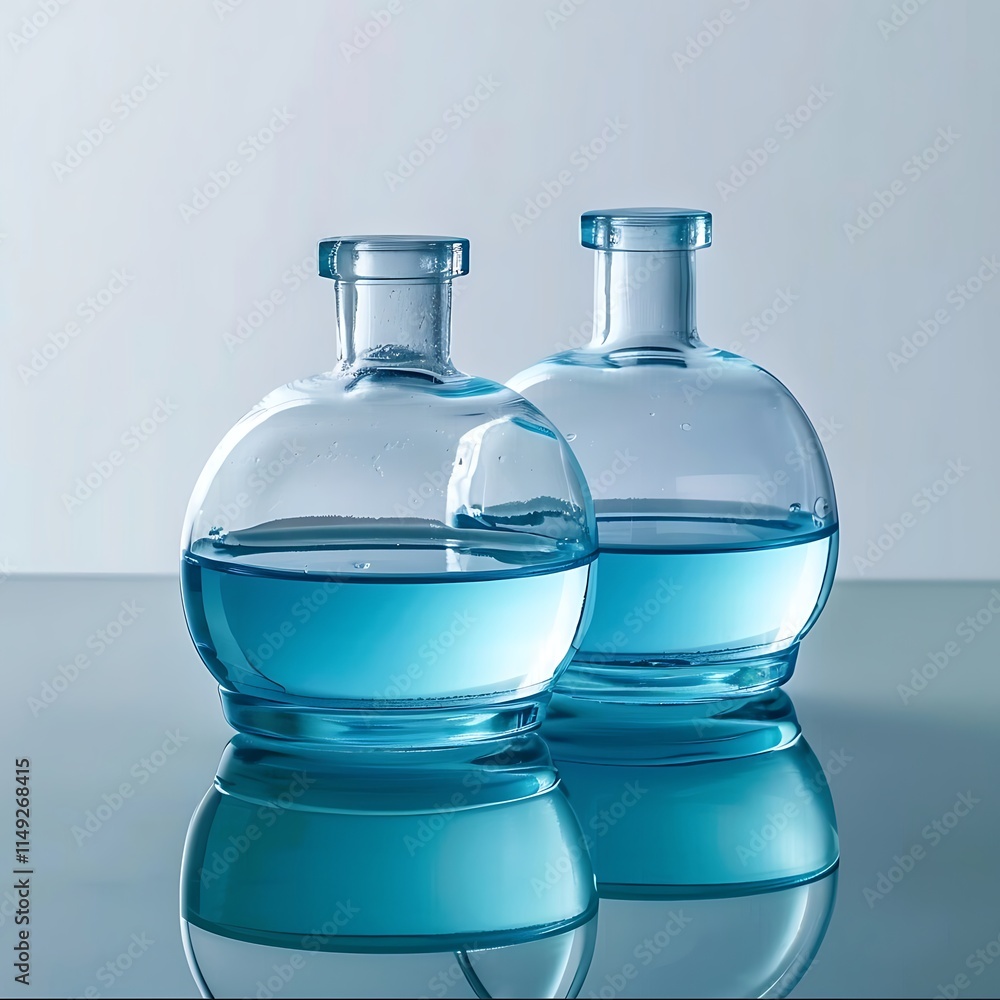 Laboratory glassware with blue liquid on a gray background Laboratory glassware with blue liquid on a gray background
