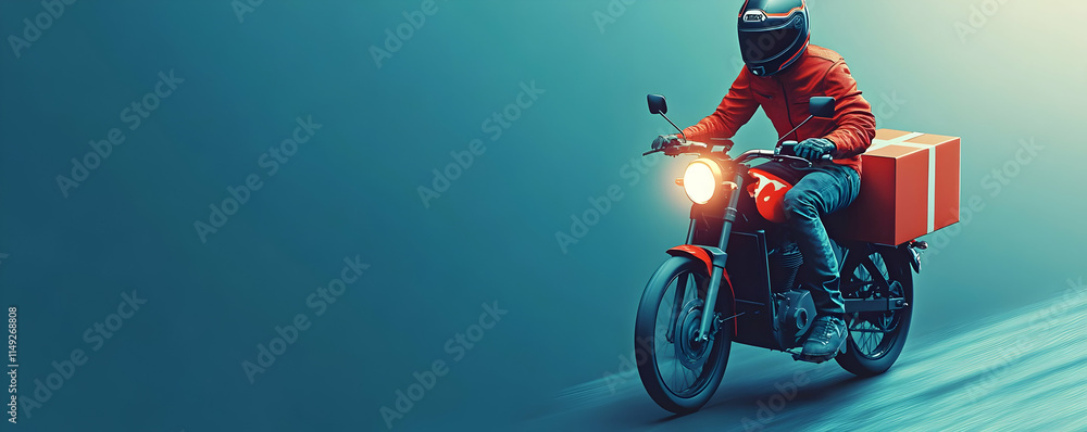 Fototapeta premium A delivery rider on a motorcycle, transporting a package against a gradient background.