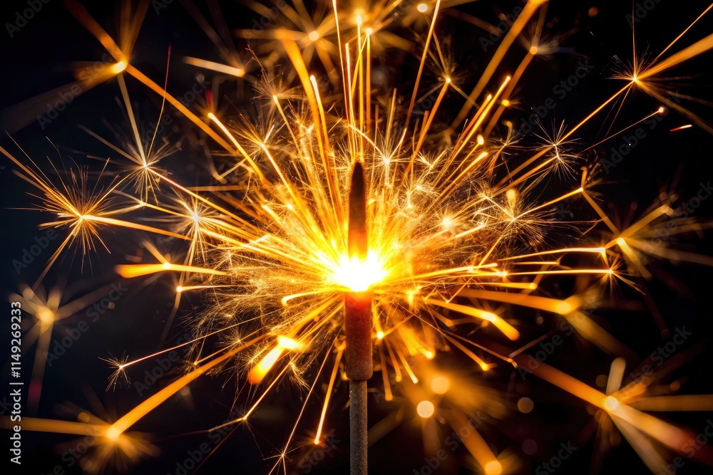 Fototapeta premium Capture the magic! New Year's Eve sparklers, dark background, festive lights, copy space. High-res JPG.