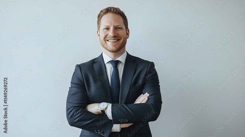 Confident Male in Suit Standing with Grin on White Background Confident Male in Suit Standing with Grin on White Background