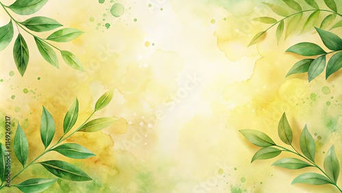 Vibrant Green Leaves on a Soft Yellow Watercolor Background Ideal for Springtime Designs