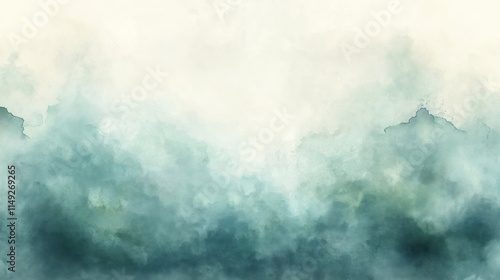 Pale gray-blue, sage green watercolor illustration evokes serene, moody sky. Abstract texture evokes clouds smoke. Long shot creates tranquil background. Vintage style adds touch of nostalgia.