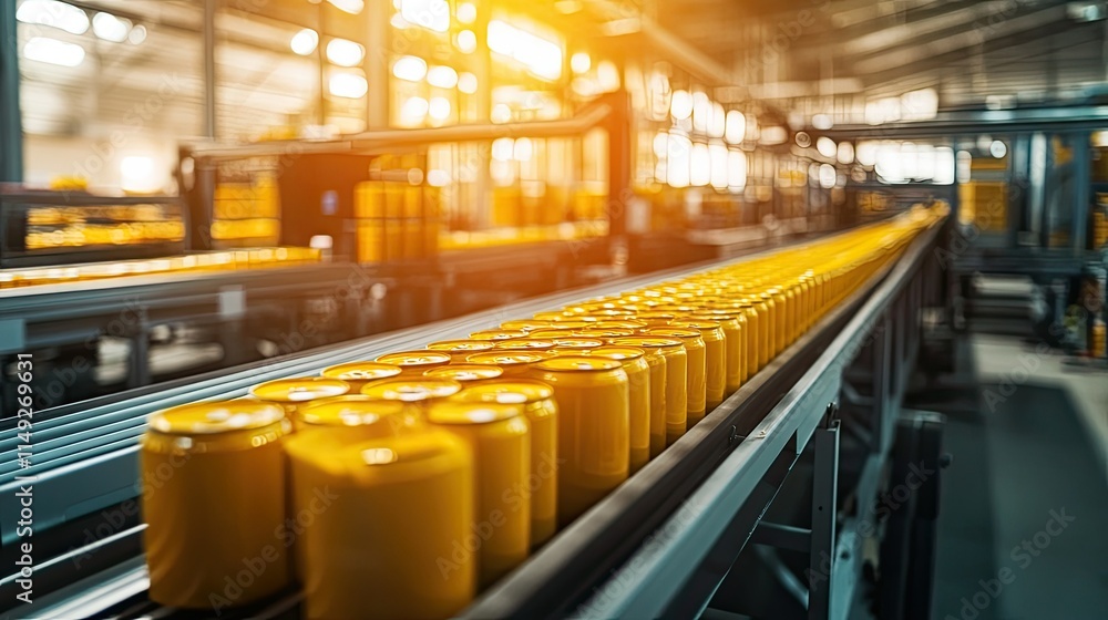 Cans on Conveyor Belt in Bright Industrial Beverage Production Facility Cans on Conveyor Belt in Bright Industrial Beverage Production Facility