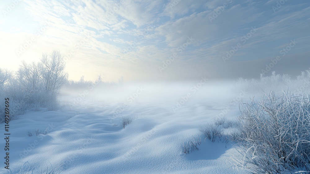 3D winter fog rolling through a snow-covered field. 3D winter fog rolling through a snow-covered field.