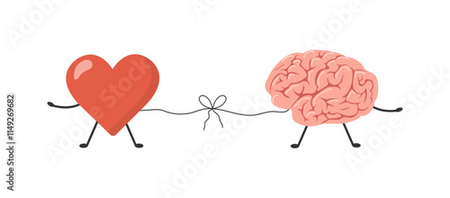 Heart and Brain Balance. Control feeling and emotion concept. Heart feeling connected with logical thinking brain. Vector illustration in flat cartoon style.