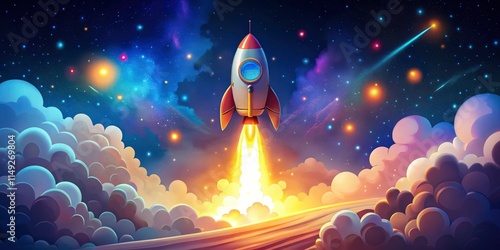 Fototapeta Naklejka Na Ścianę i Meble -  Colorful rocket soaring through a dreamy, bokeh-enhanced night sky, dynamic flames blazing â€“ a fun space adventure illustration.