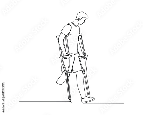 a amputated led person using crutches for support, walking carefully Highlights the importance of mobility aids in daily life and recovery. continuous line drawing design