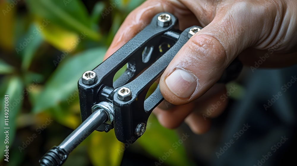 Hand Holding Black Multi-tool for Outdoor Repair with Green Background Hand Holding Black Multi-tool for Outdoor Repair with Green Background