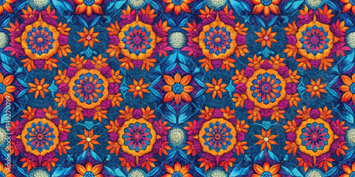 Vibrant floral pattern featuring intricate designs and bold colors with a mix of oranges, blues, and purples.