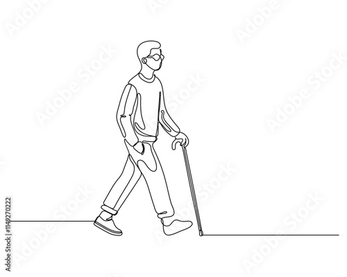 a visually impaired person walking with a cane The person wears glasses and uses the cane for assistance