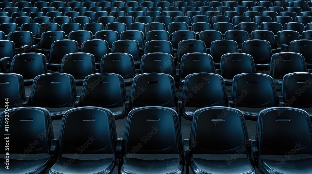 Fototapeta premium Seats of black tribune on sport stadium. empty outdoor arena. concept of fans. chairs for audience. cultural environment concept. color and symmetry. empty seats. modern stadium