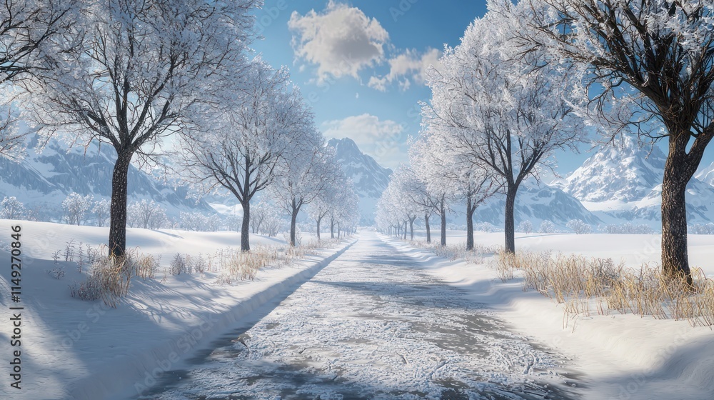 Obraz premium 3D winter path lined with snow-covered trees and distant mountains.