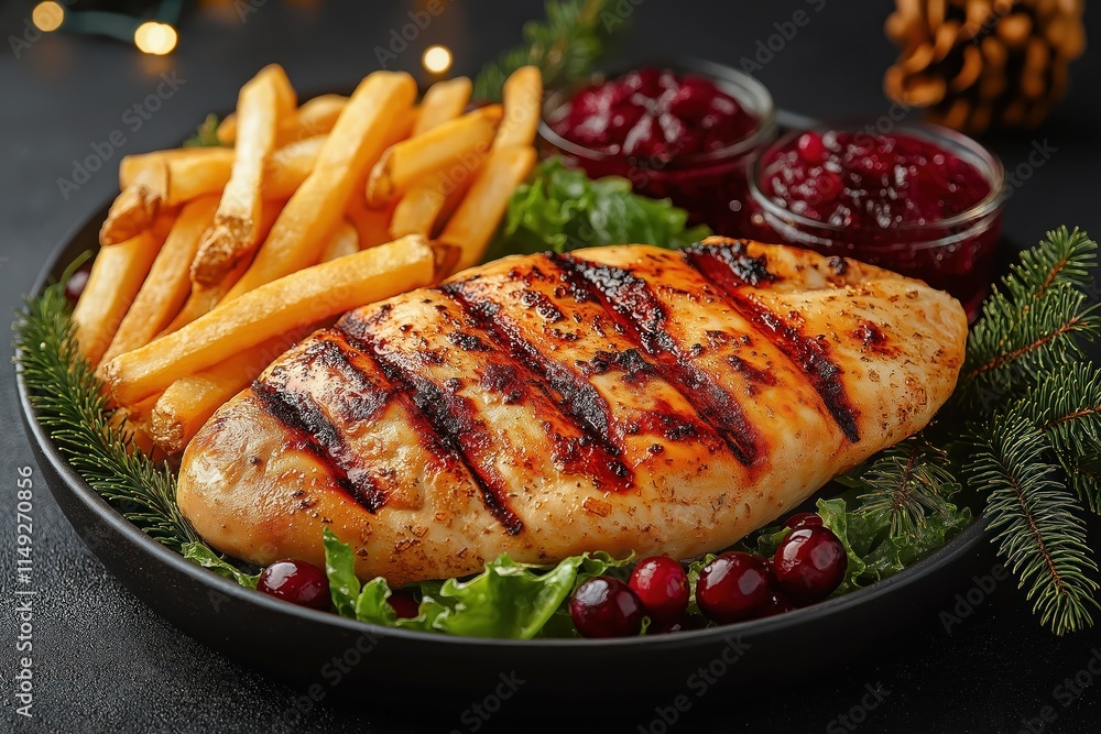 Grilled chicken breast served with french fries, cranberry sauce. Festive Christmas decorations like plants, ornaments adorn plate. Delicious meal for holiday dinner. Plate placed on dark table. Grilled chicken breast served with french fries, cranberry sauce. Festive Christmas decorations like plants, ornaments adorn plate. Delicious meal for holiday dinner. Plate placed on dark table.